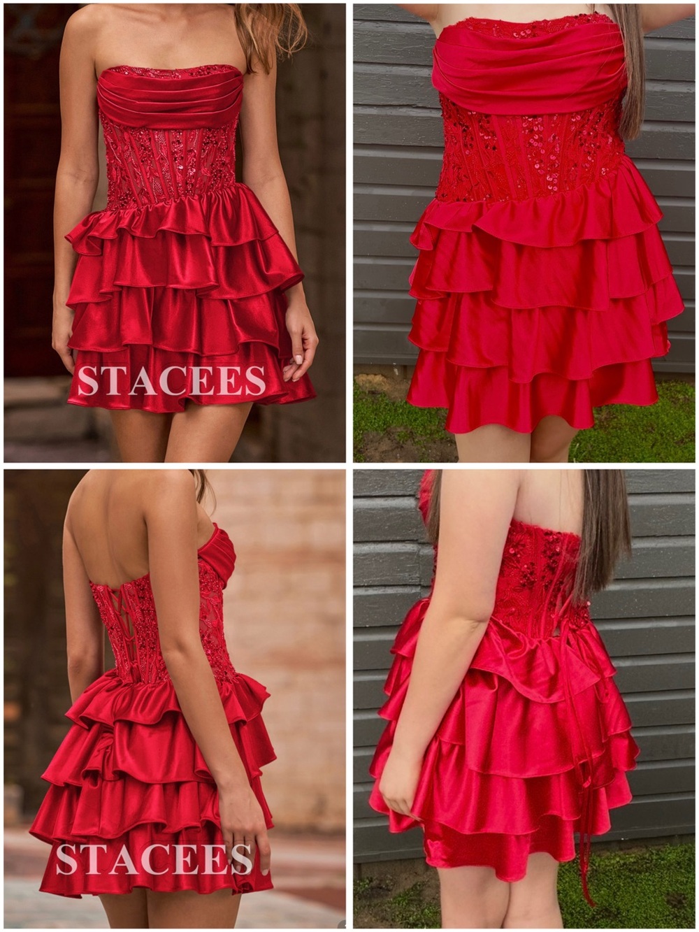 Stacees Strapless Red Ruffle Cocktail Dress